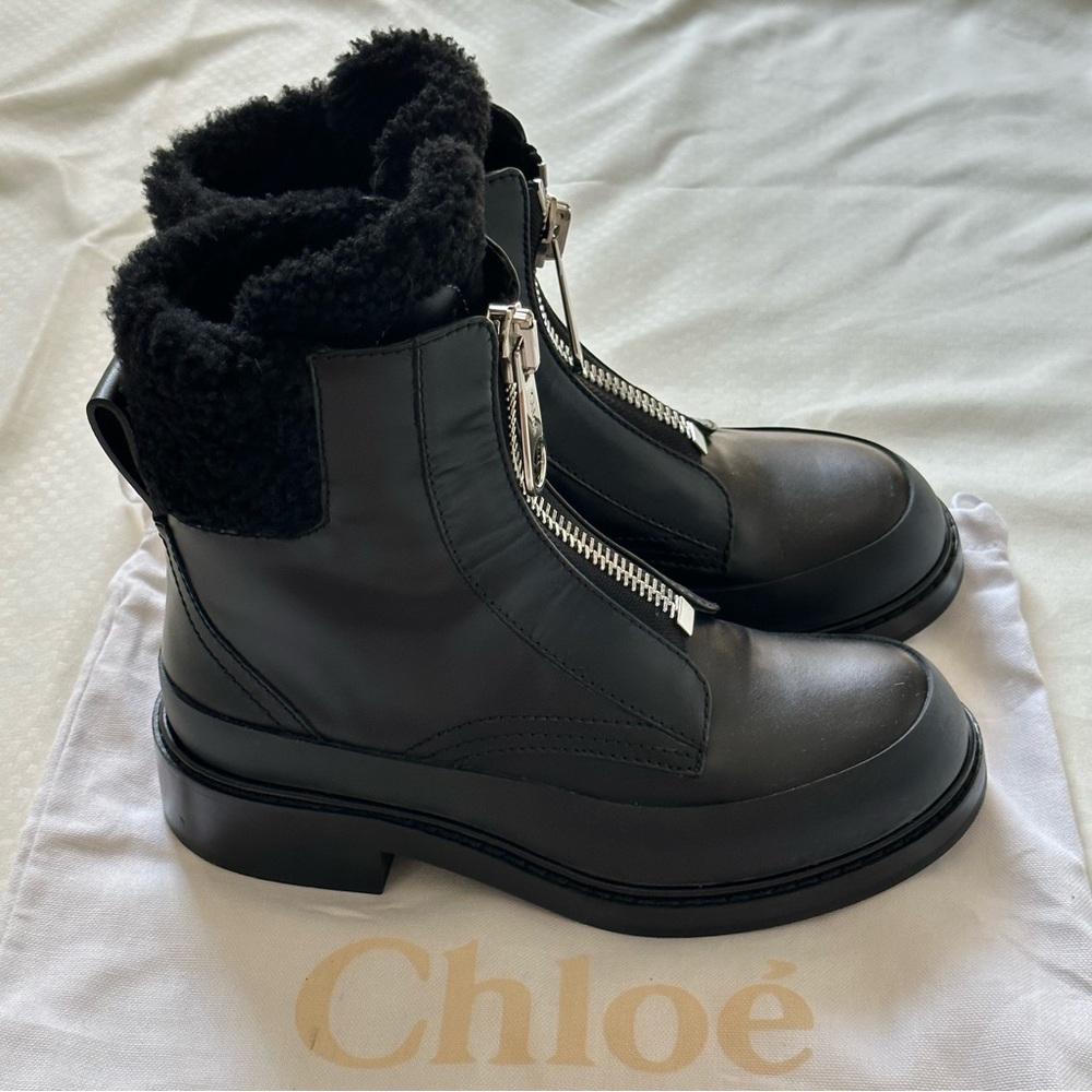 Chloe Roy Shearling-Lined Leather Black Ankle Boots Size 36.5